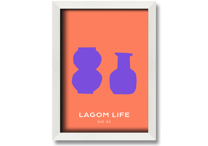 A vibrant framed print featuring purple vases on an orange background, showcasing a modern artistic design.