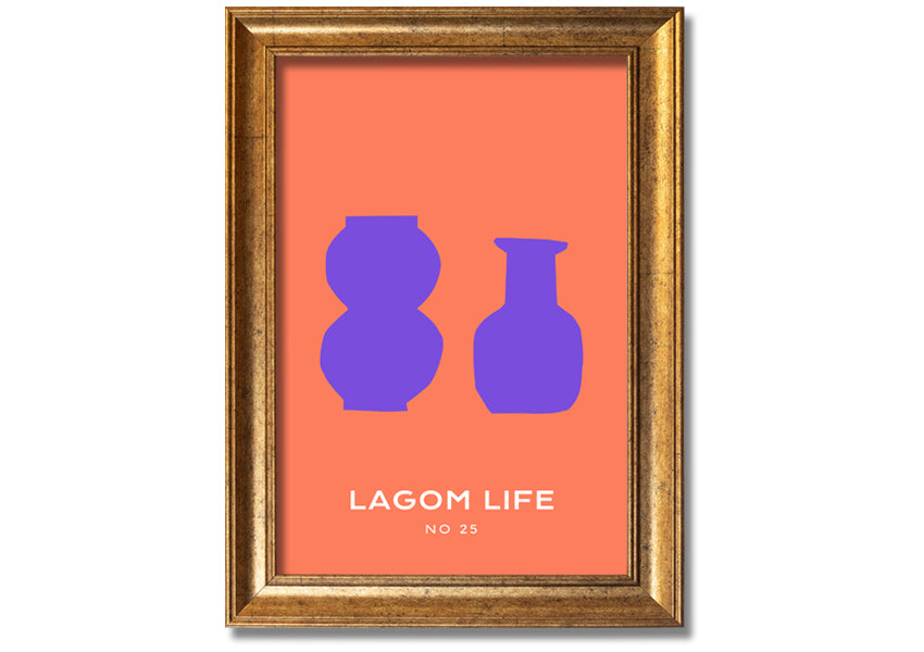 A vibrant framed print featuring purple vases on an orange background, showcasing a modern artistic design.