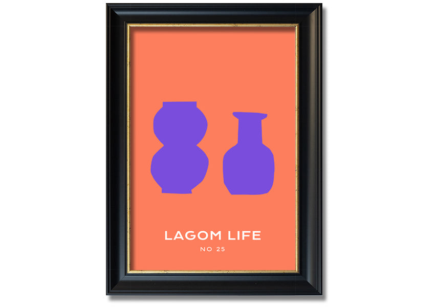 A vibrant framed print featuring purple vases on an orange background, showcasing a modern artistic design.