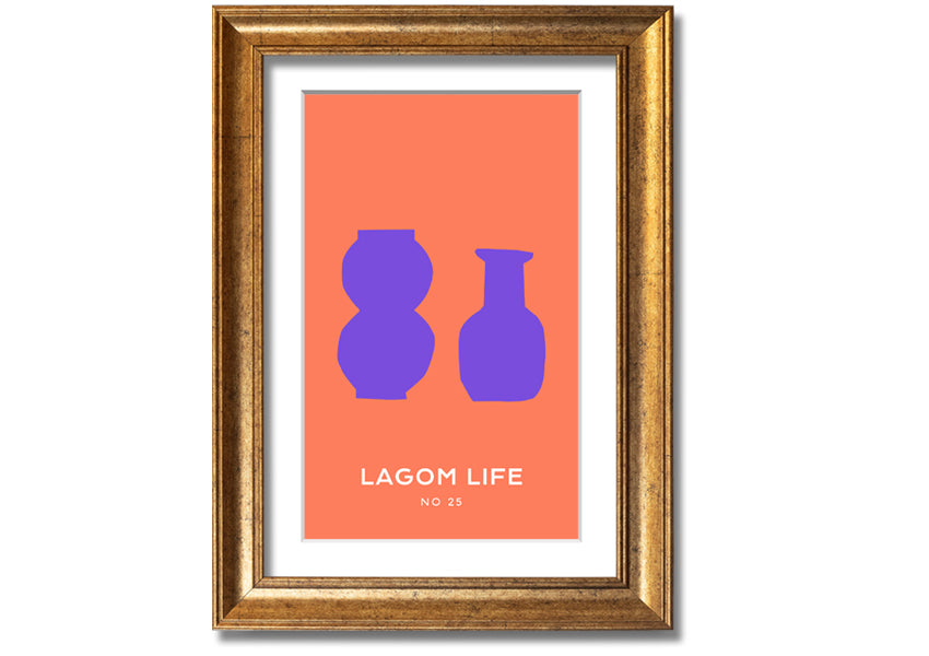 A vibrant framed print featuring purple vases on an orange background, showcasing a modern artistic design.