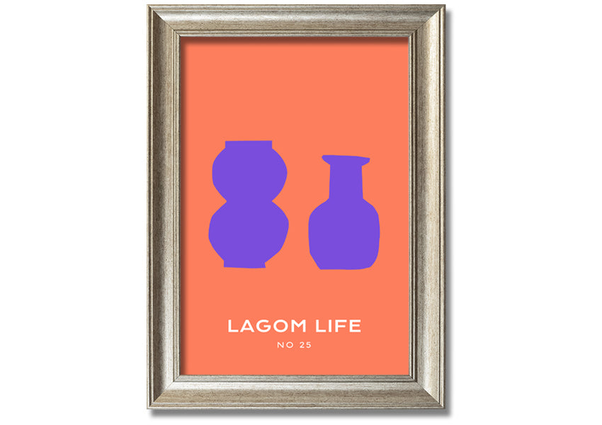 A vibrant framed print featuring purple vases on an orange background, showcasing a modern artistic design.