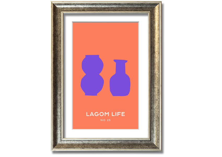 A vibrant framed print featuring purple vases on an orange background, showcasing a modern artistic design.
