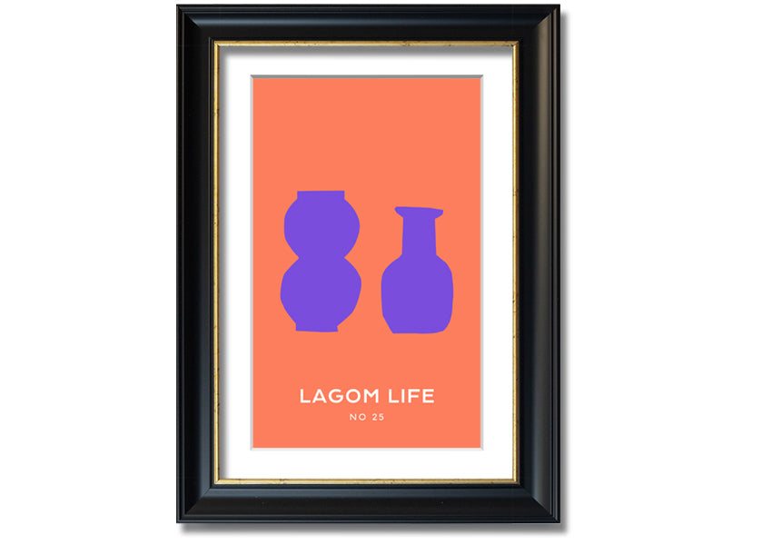 A vibrant framed print featuring purple vases on an orange background, showcasing a modern artistic design.