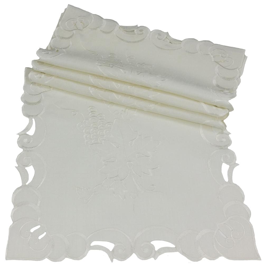 Set of 4 RA05151 Grapes and Leaves Square Doilies, featuring intricate cutwork and grapevine embroidery on off-white fabric.