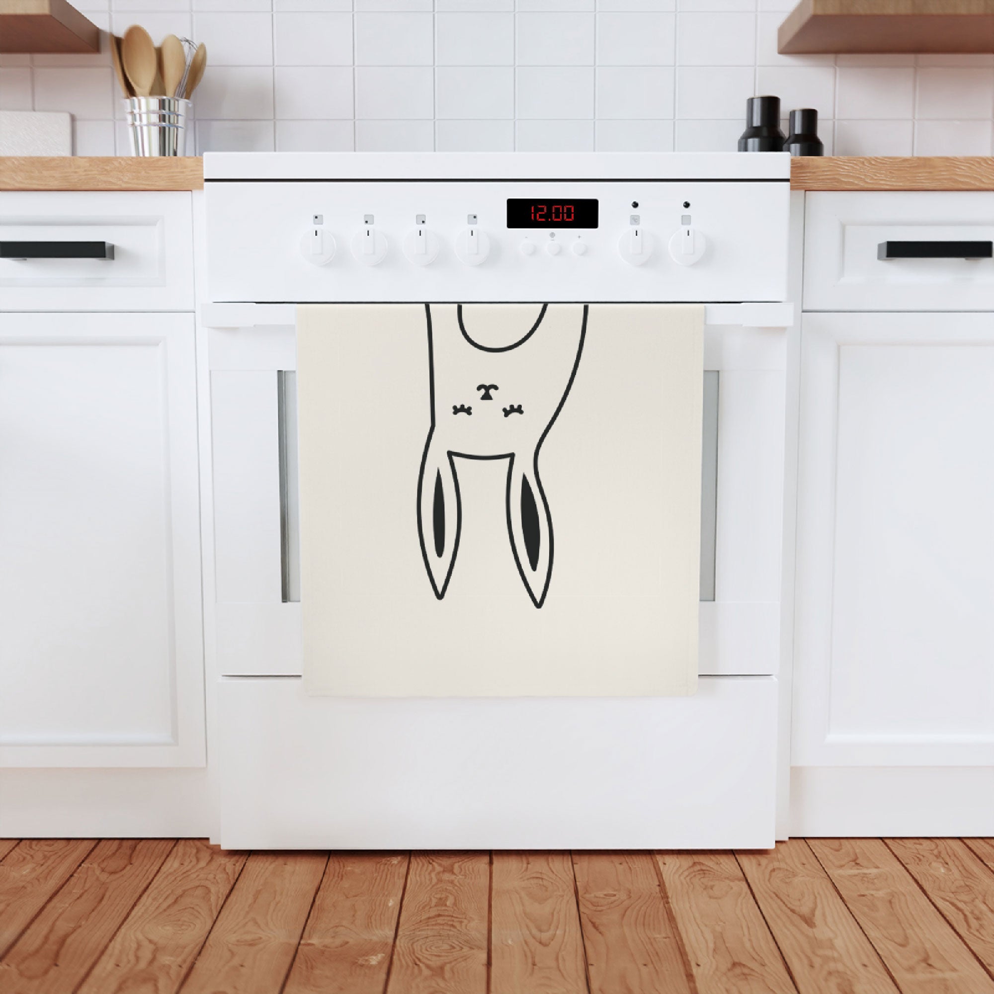 Rabbit Cotton Tea Towel made from 100% organic cotton, featuring a cute hare print, measuring 50 x 70 cm, perfect for kitchen use.