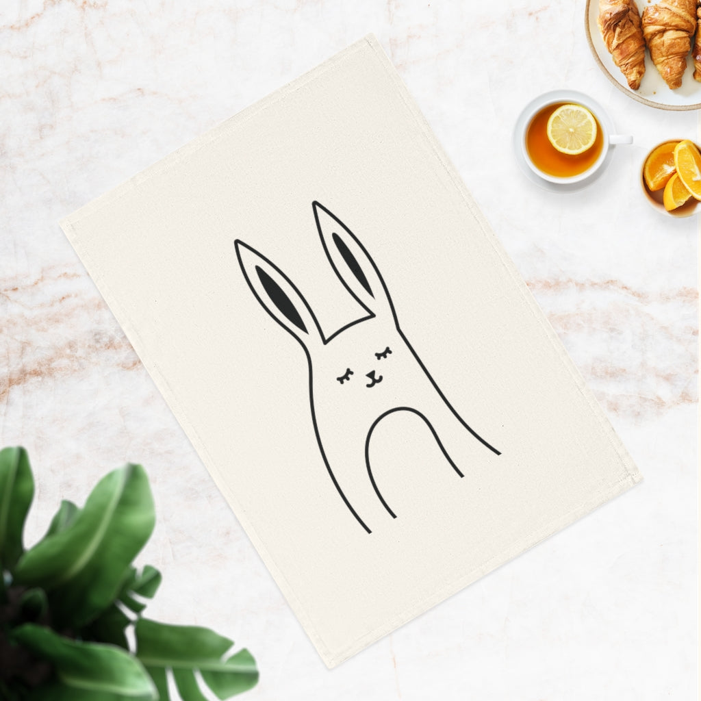 Rabbit Cotton Tea Towel made from 100% organic cotton, featuring a cute hare print, measuring 50 x 70 cm, perfect for kitchen use.