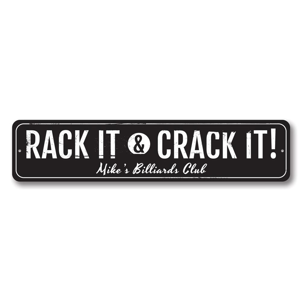 Rack It & Crack It decorative sign made of high-quality aluminum, featuring customizable text, ideal for home decor.