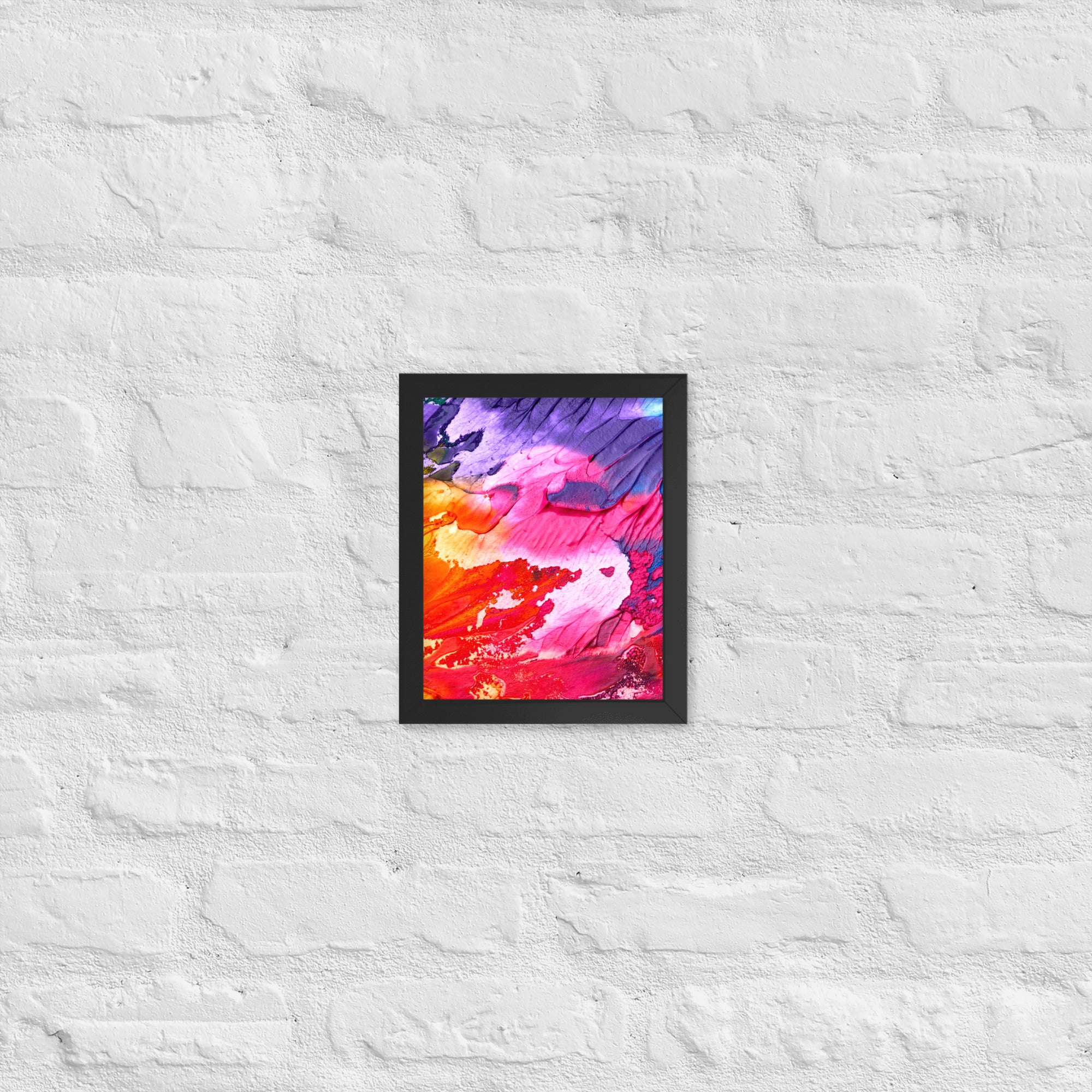 Rainbow Waves Framed Poster featuring vibrant colors and a matte black Ayous wood frame, perfect for home decor.