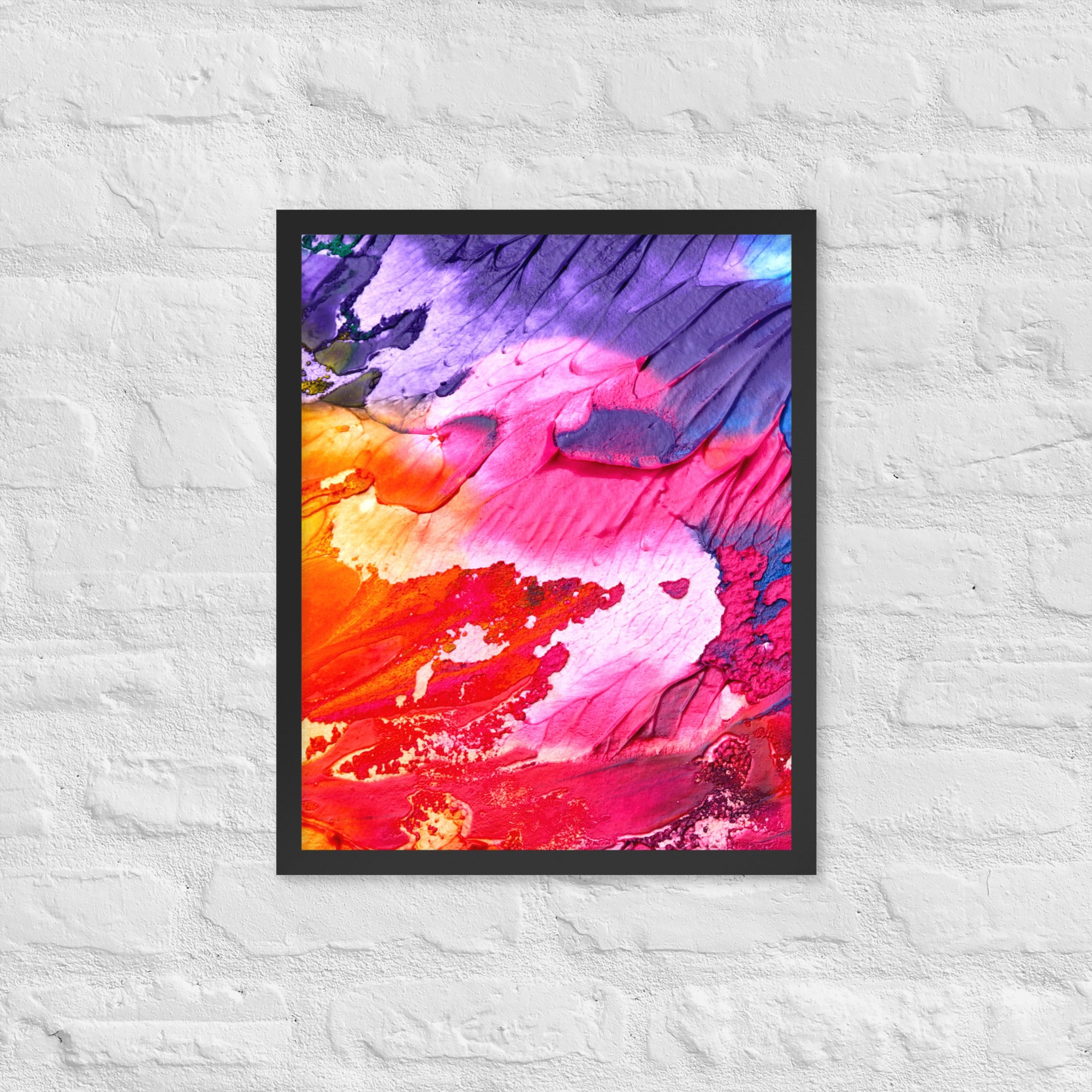 Rainbow Waves Framed Poster featuring vibrant colors and a matte black Ayous wood frame, perfect for home decor.