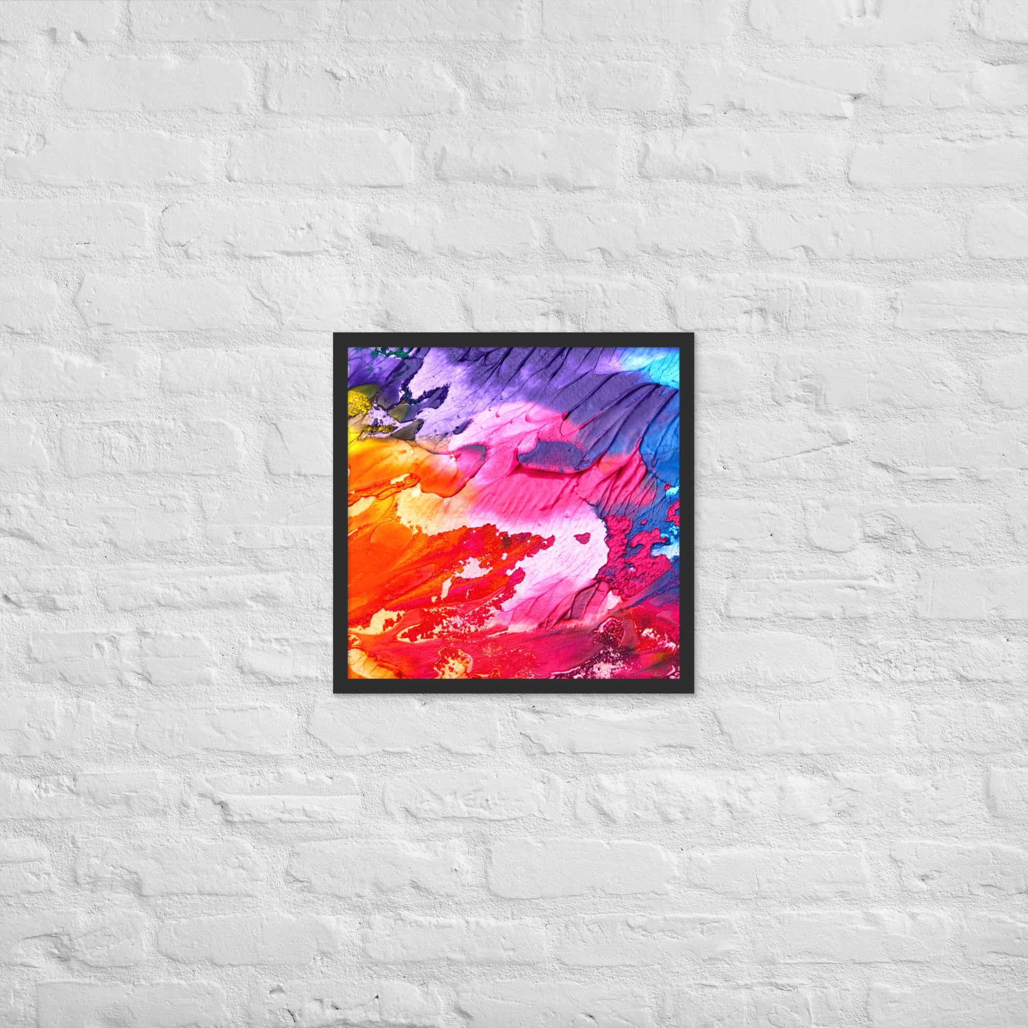Rainbow Waves Framed Poster featuring vibrant colors and a matte black Ayous wood frame, perfect for home decor.