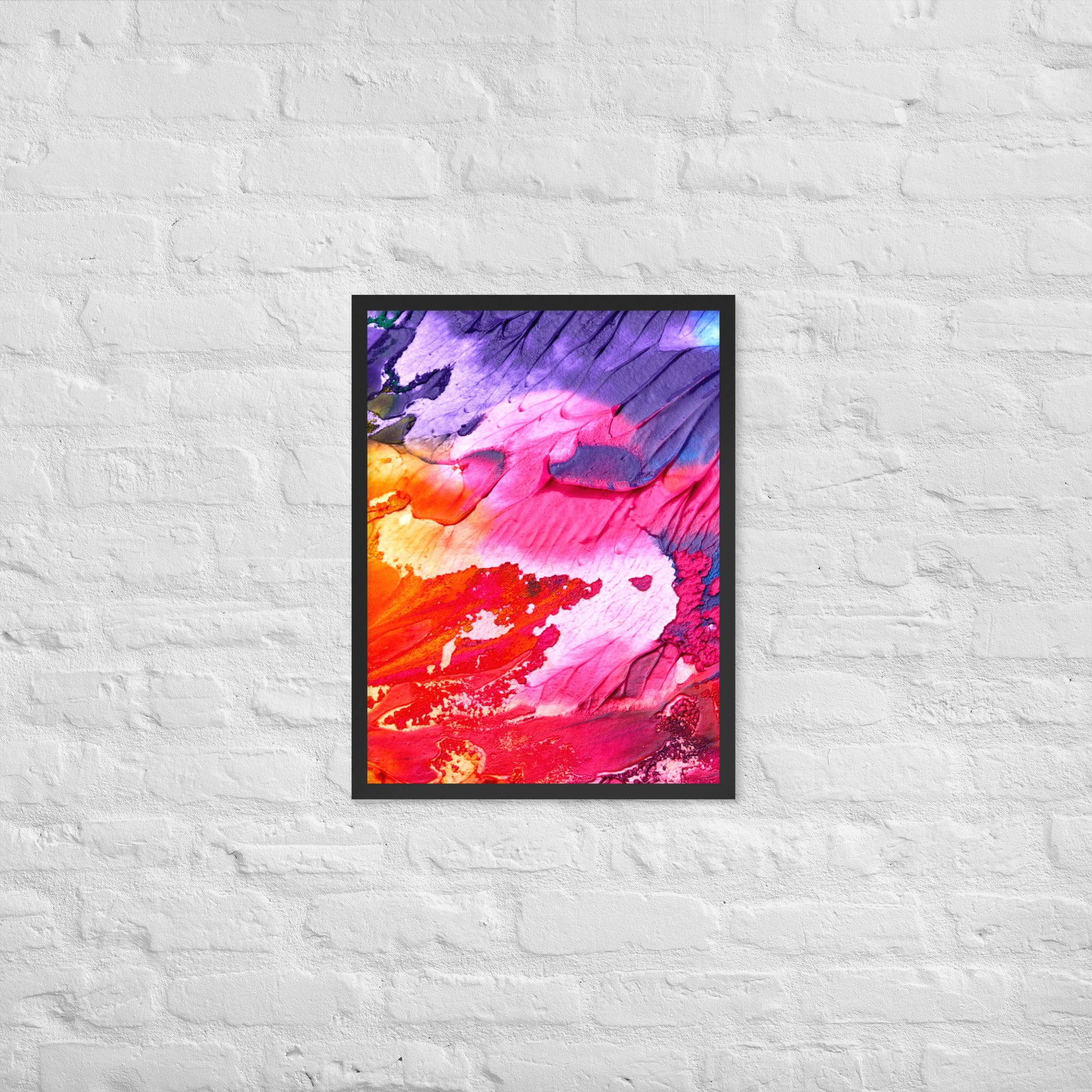 Rainbow Waves Framed Poster featuring vibrant colors and a matte black Ayous wood frame, perfect for home decor.