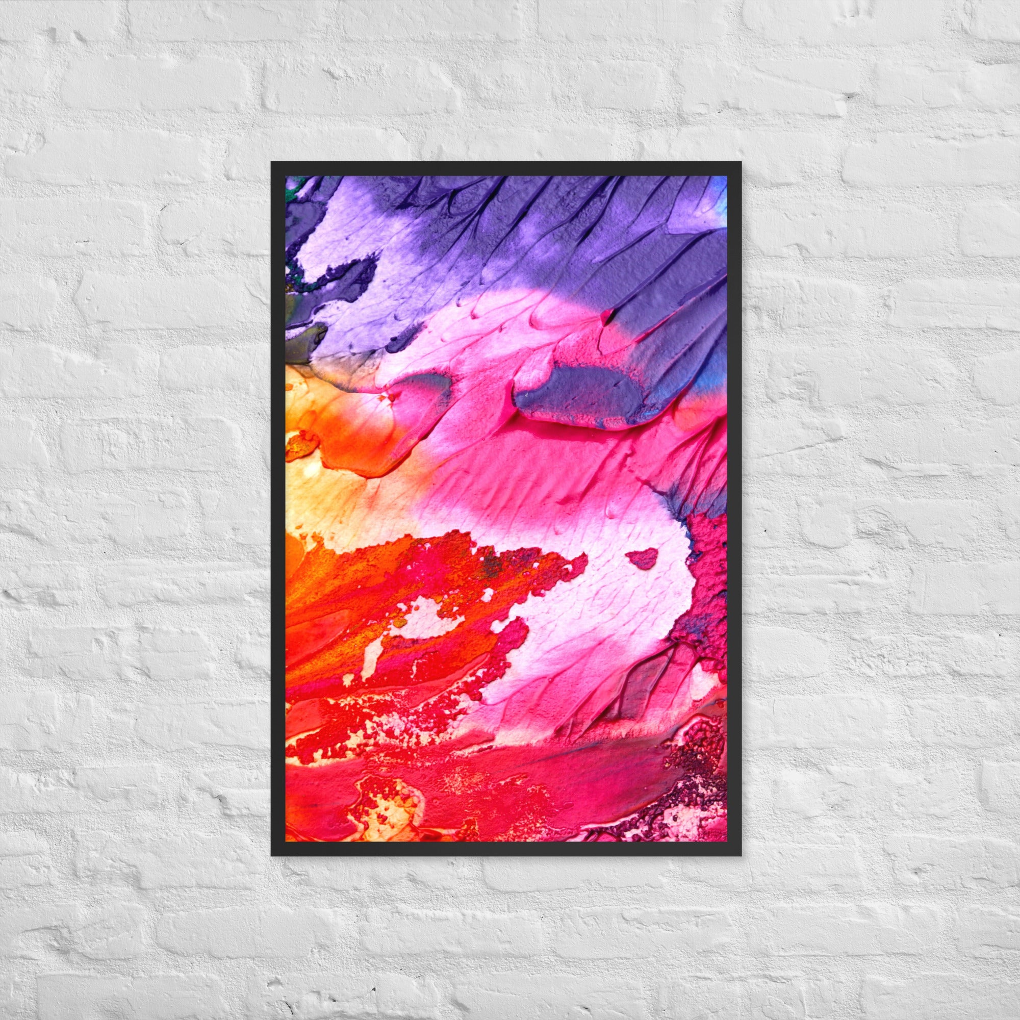 Rainbow Waves Framed Poster featuring vibrant colors and a matte black Ayous wood frame, perfect for home decor.