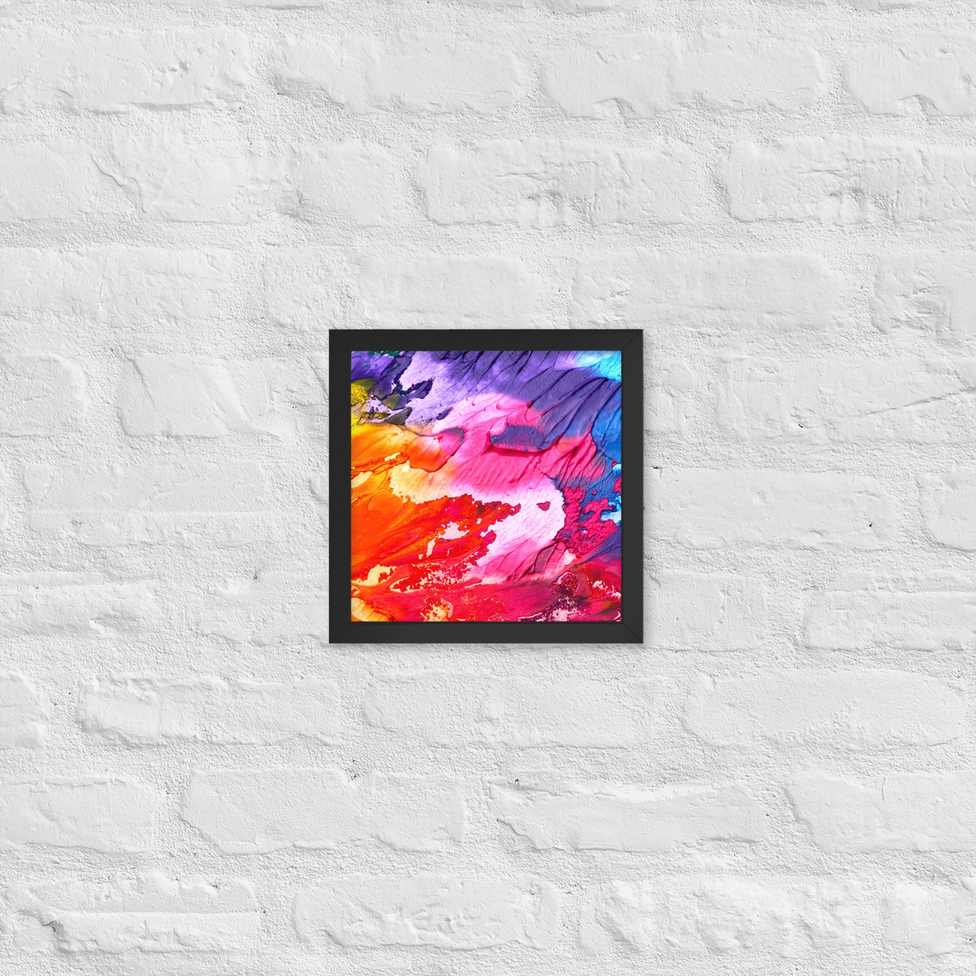 Rainbow Waves Framed Poster featuring vibrant colors and a matte black Ayous wood frame, perfect for home decor.