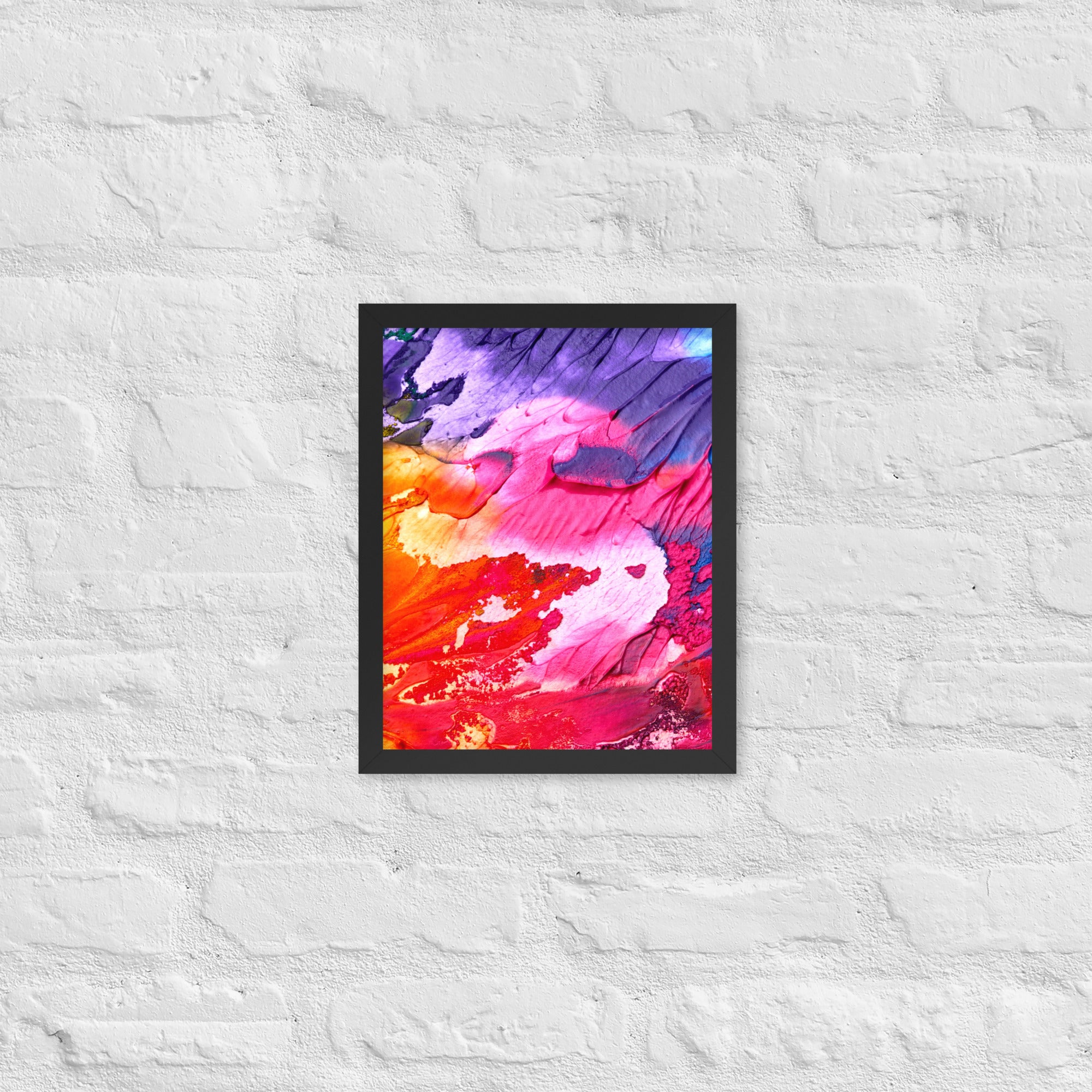 Rainbow Waves Framed Poster featuring vibrant colors and a matte black Ayous wood frame, perfect for home decor.