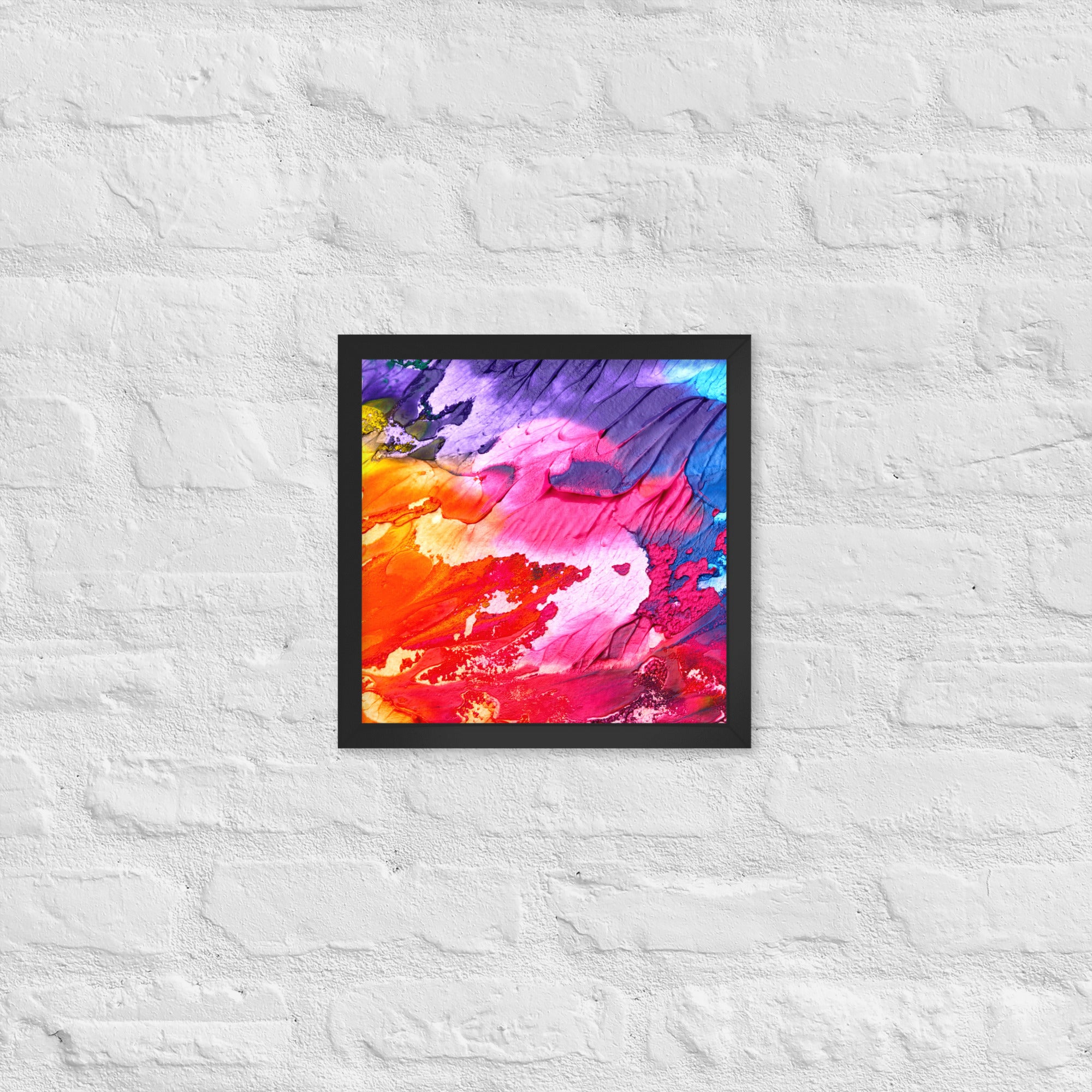 Rainbow Waves Framed Poster featuring vibrant colors and a matte black Ayous wood frame, perfect for home decor.