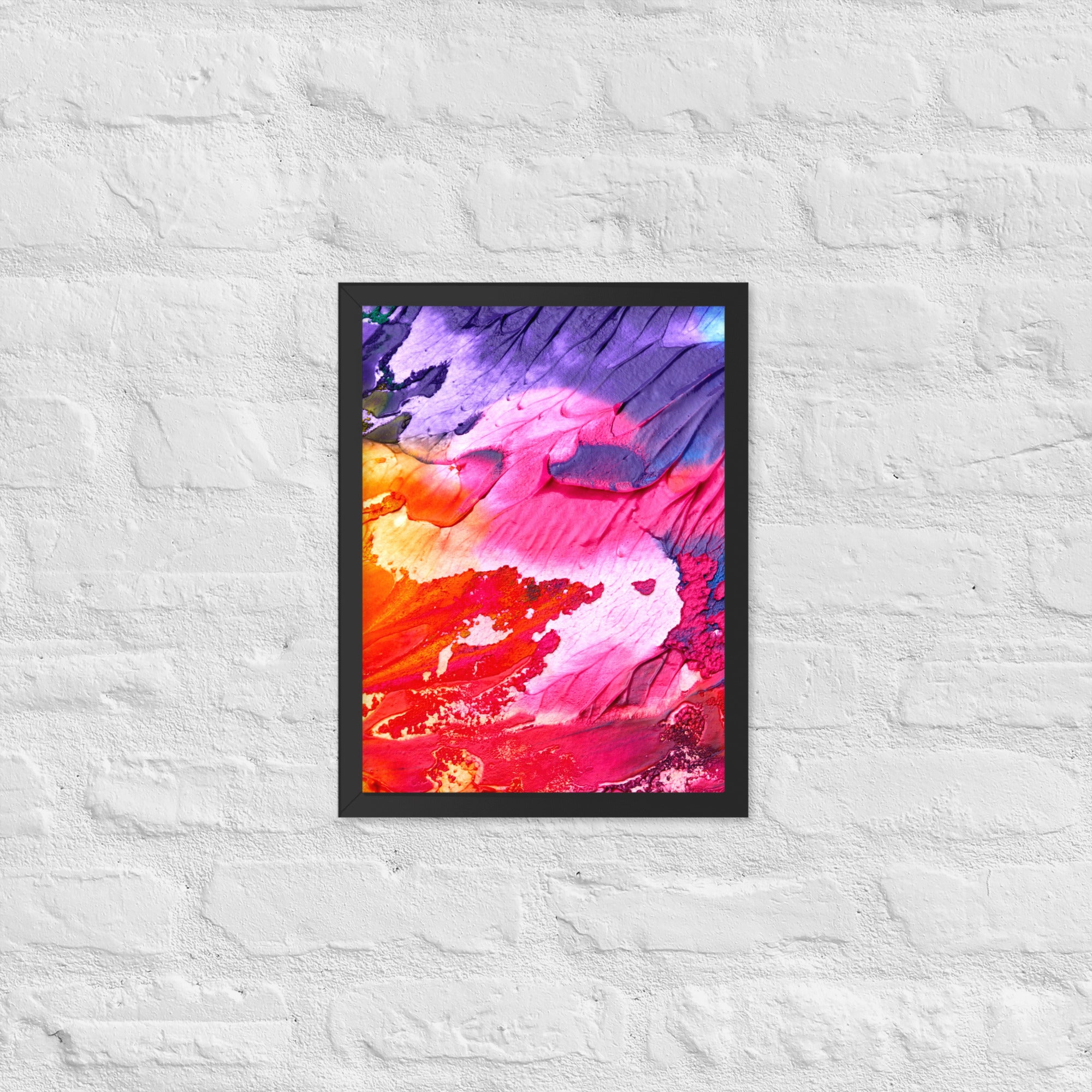 Rainbow Waves Framed Poster featuring vibrant colors and a matte black Ayous wood frame, perfect for home decor.