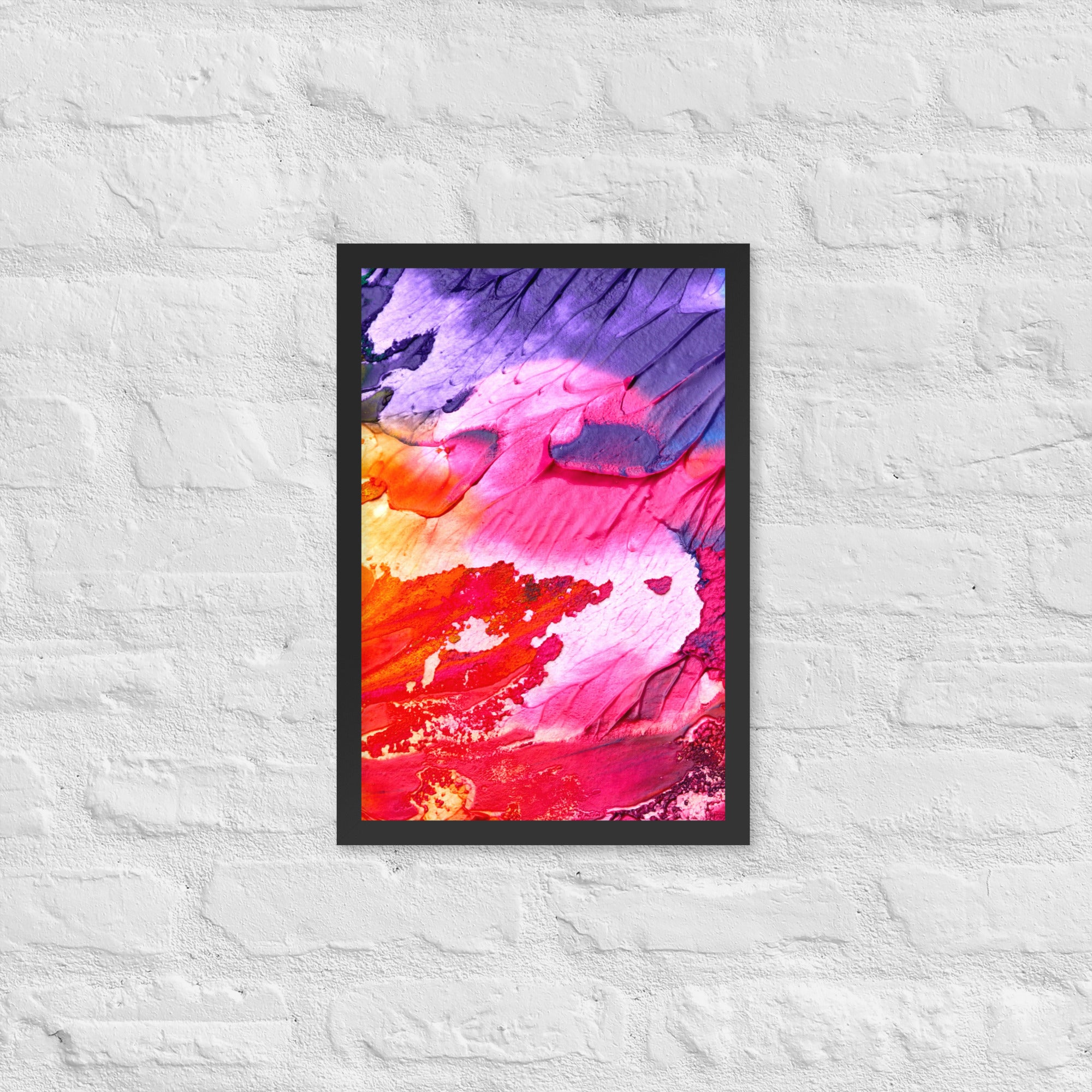 Rainbow Waves Framed Poster featuring vibrant colors and a matte black Ayous wood frame, perfect for home decor.