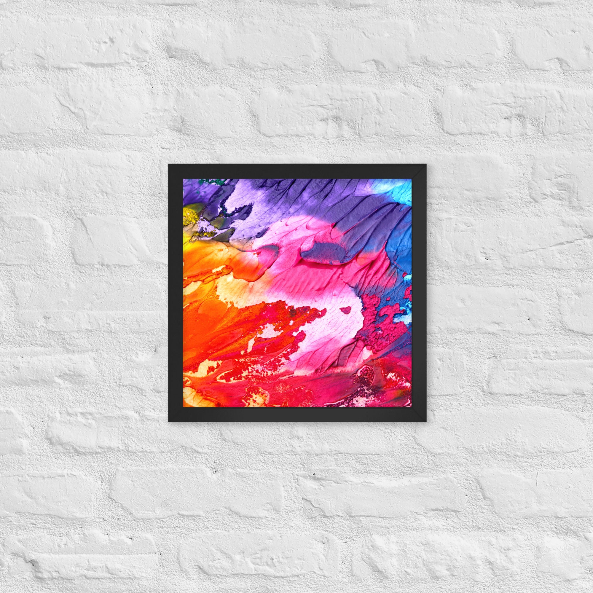 Rainbow Waves Framed Poster featuring vibrant colors and a matte black Ayous wood frame, perfect for home decor.
