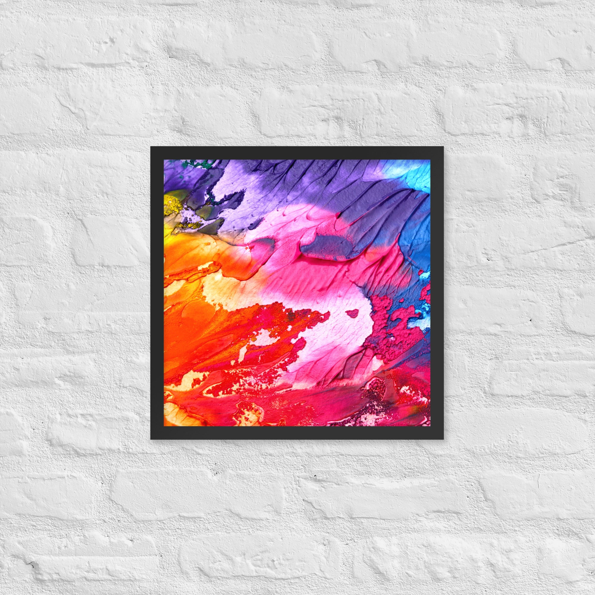 Rainbow Waves Framed Poster featuring vibrant colors and a matte black Ayous wood frame, perfect for home decor.