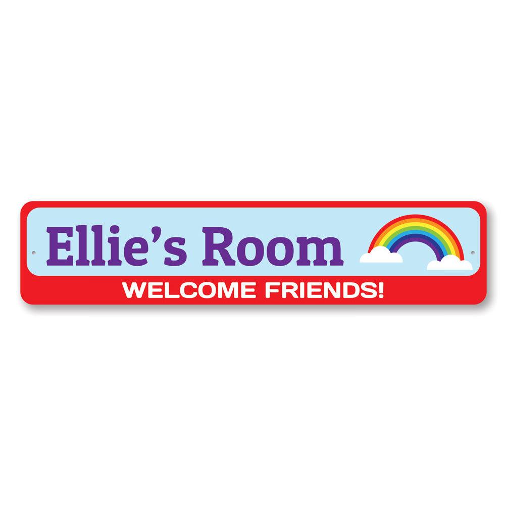 Colorful Rainbow Welcome Friends Sign made of durable aluminum, featuring vibrant colors and a welcoming design for children's rooms.