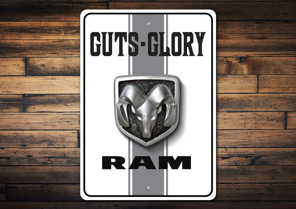 Ram Guts-Glory Sign made of high-quality aluminum, featuring a bold design perfect for garages and man caves.