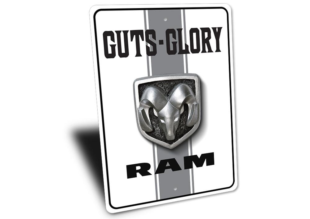 Ram Guts-Glory Sign made of high-quality aluminum, featuring a bold design perfect for garages and man caves.