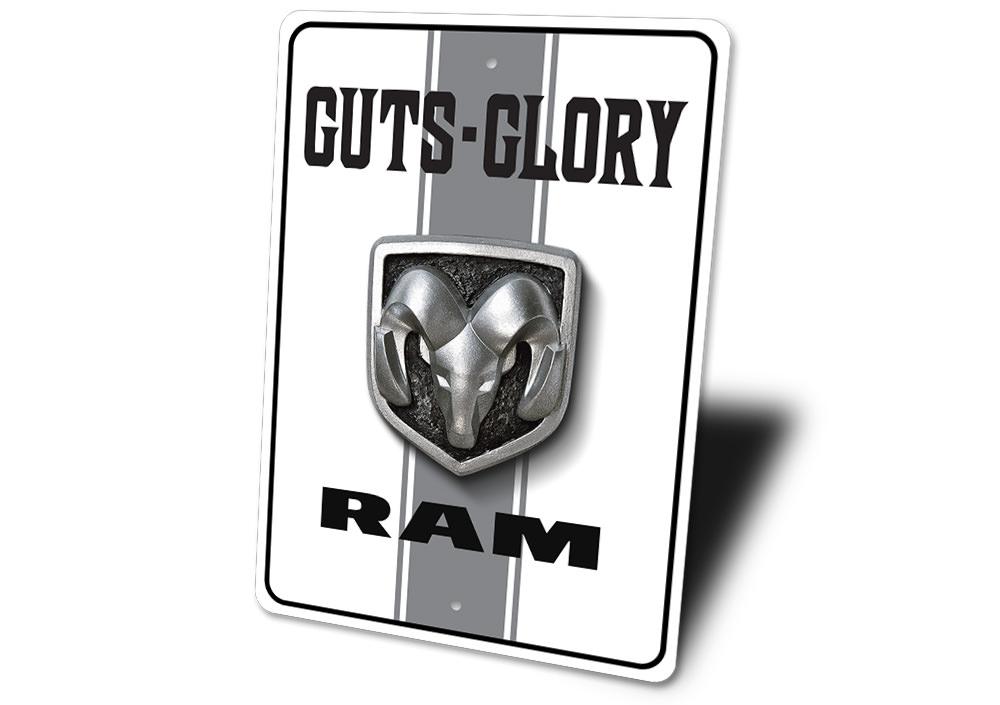 Ram Guts-Glory Sign made of high-quality aluminum, featuring a bold design perfect for garages and man caves.