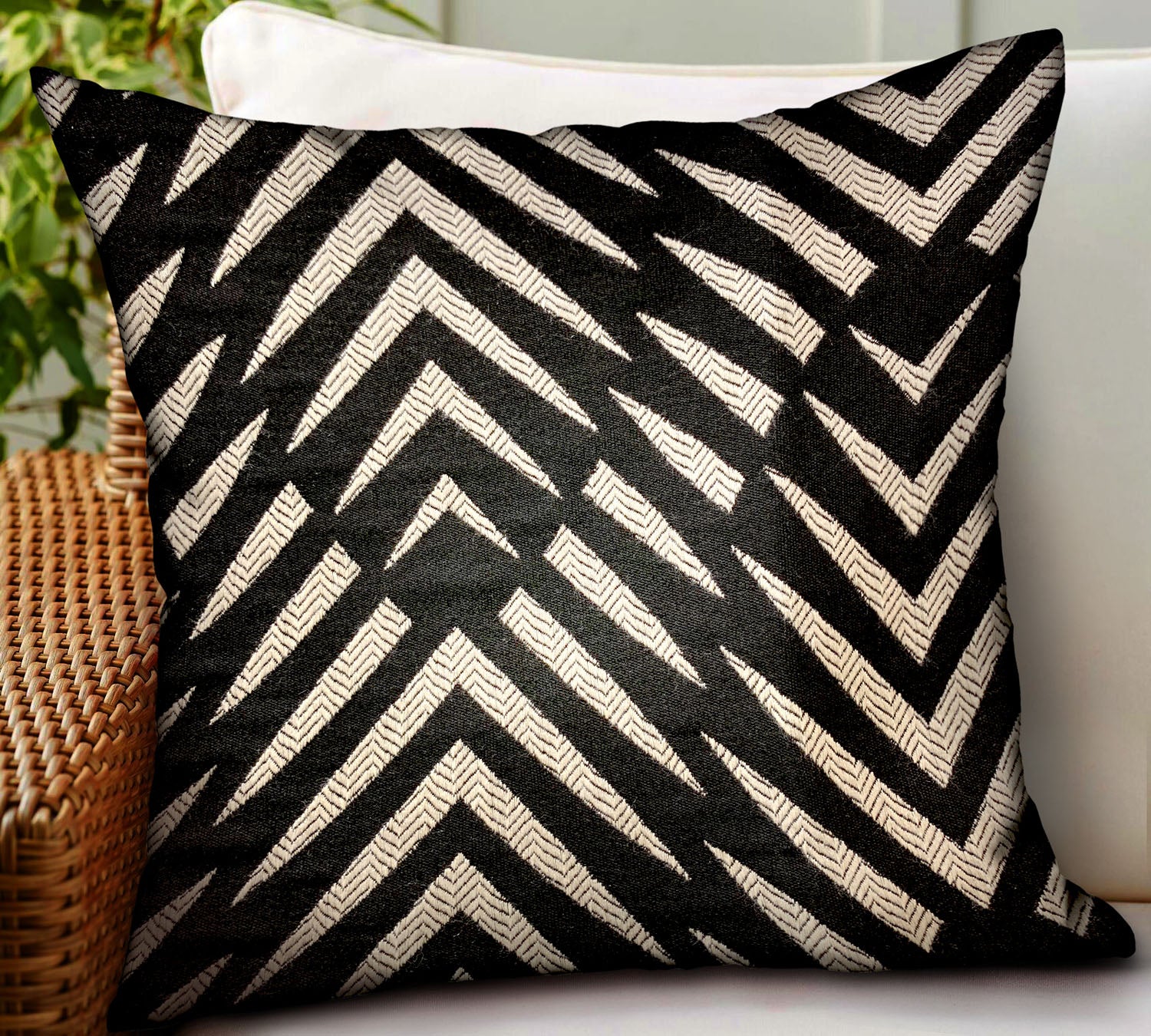 Raven Palm Black Geometric Luxury Throw Pillow featuring durable Sunbrella fabric, double-sided design, and invisible zipper closure.