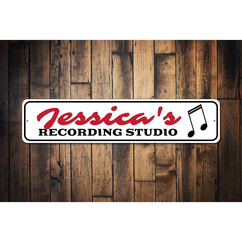 A stylish Recording Studio Sign made from durable aluminum, featuring customizable text options, perfect for music lovers and recording enthusiasts.