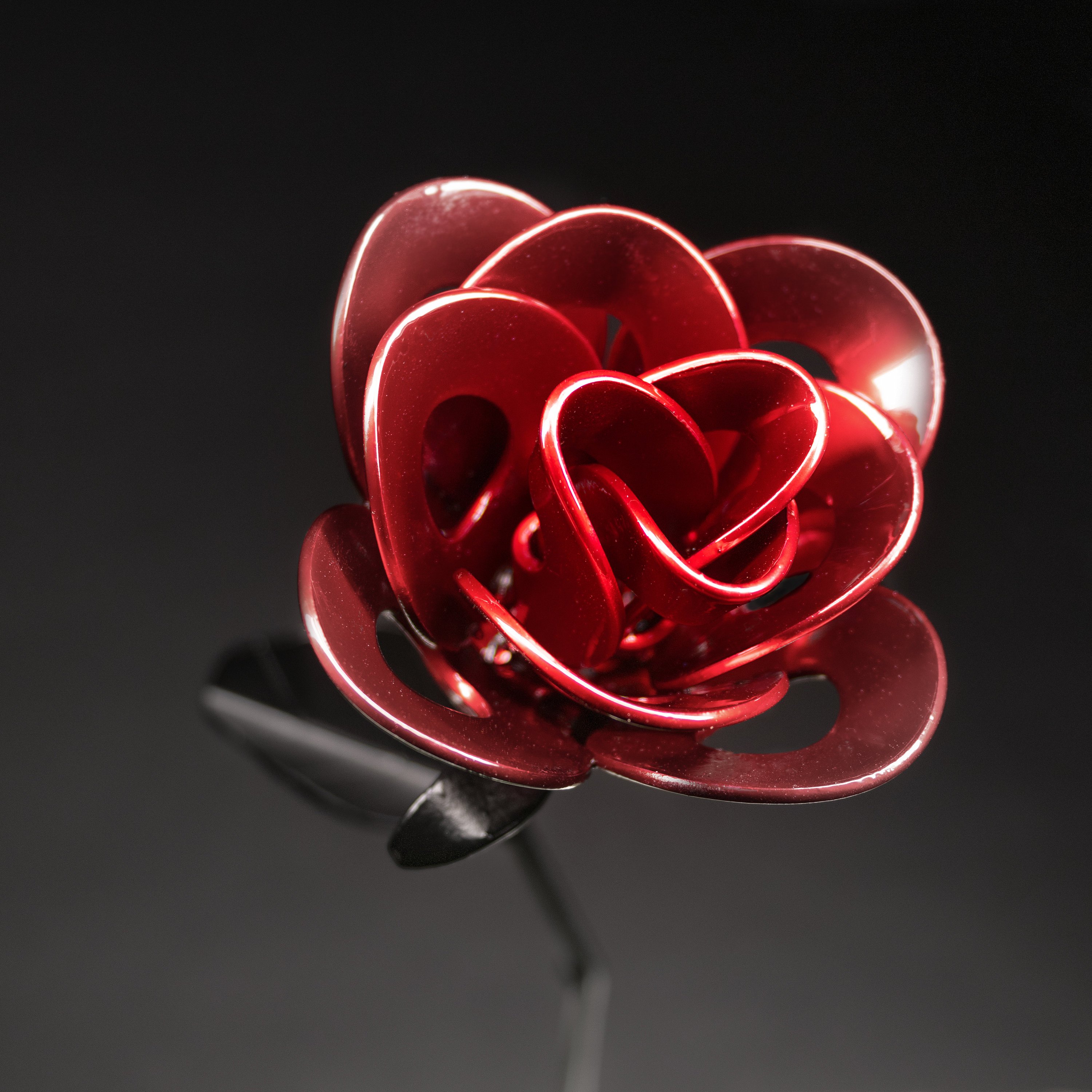 A handcrafted red and black metal rose made from recycled washers and wire, showcasing a lustrous metallic finish and a light green stem, elegantly packaged in a clear gift box.