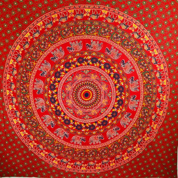 A vibrant Red Elephants & Camels Mandala Tapestry featuring intricate designs of elephants and camels in rich colors, perfect for wall decor.