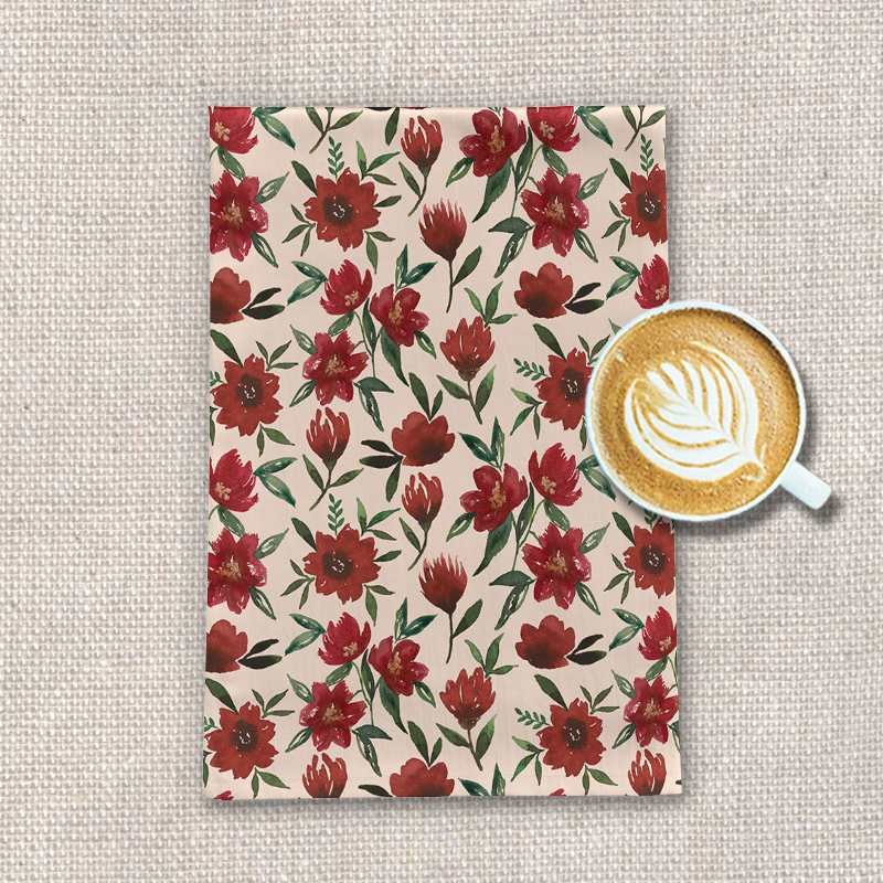 Red Fall Flowers Tea Towel featuring vibrant floral design on cotton twill fabric, perfect for kitchen use and decor.