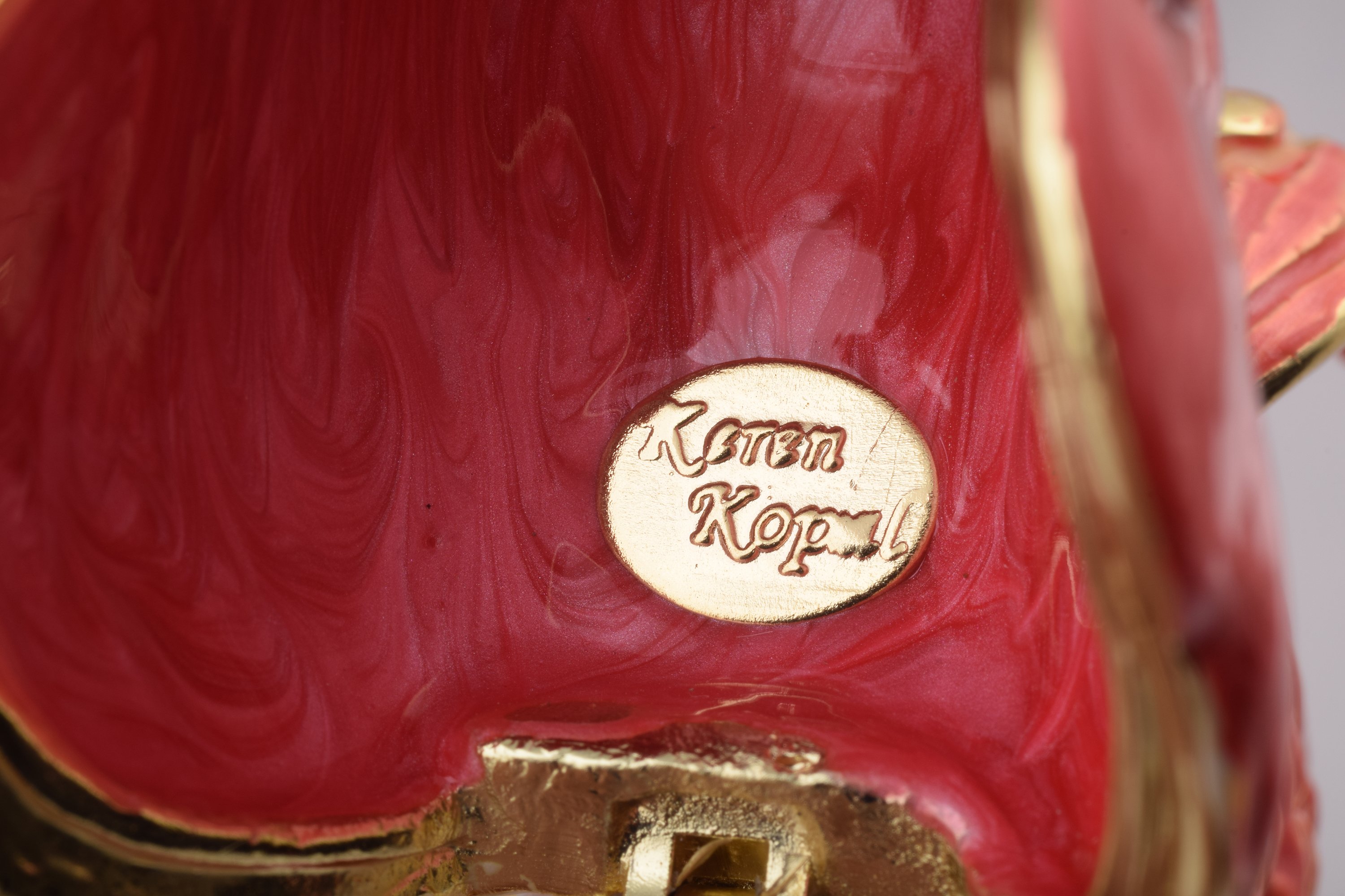 A beautifully handcrafted red fish trinket box adorned with blue Austrian crystals and 925 silver plating, showcasing intricate details.