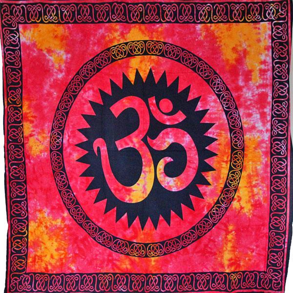 A vibrant Red & Saffron Om Shanti Tie Dye Art Tapestry featuring a grand OM symbol, perfect for meditation and decor.