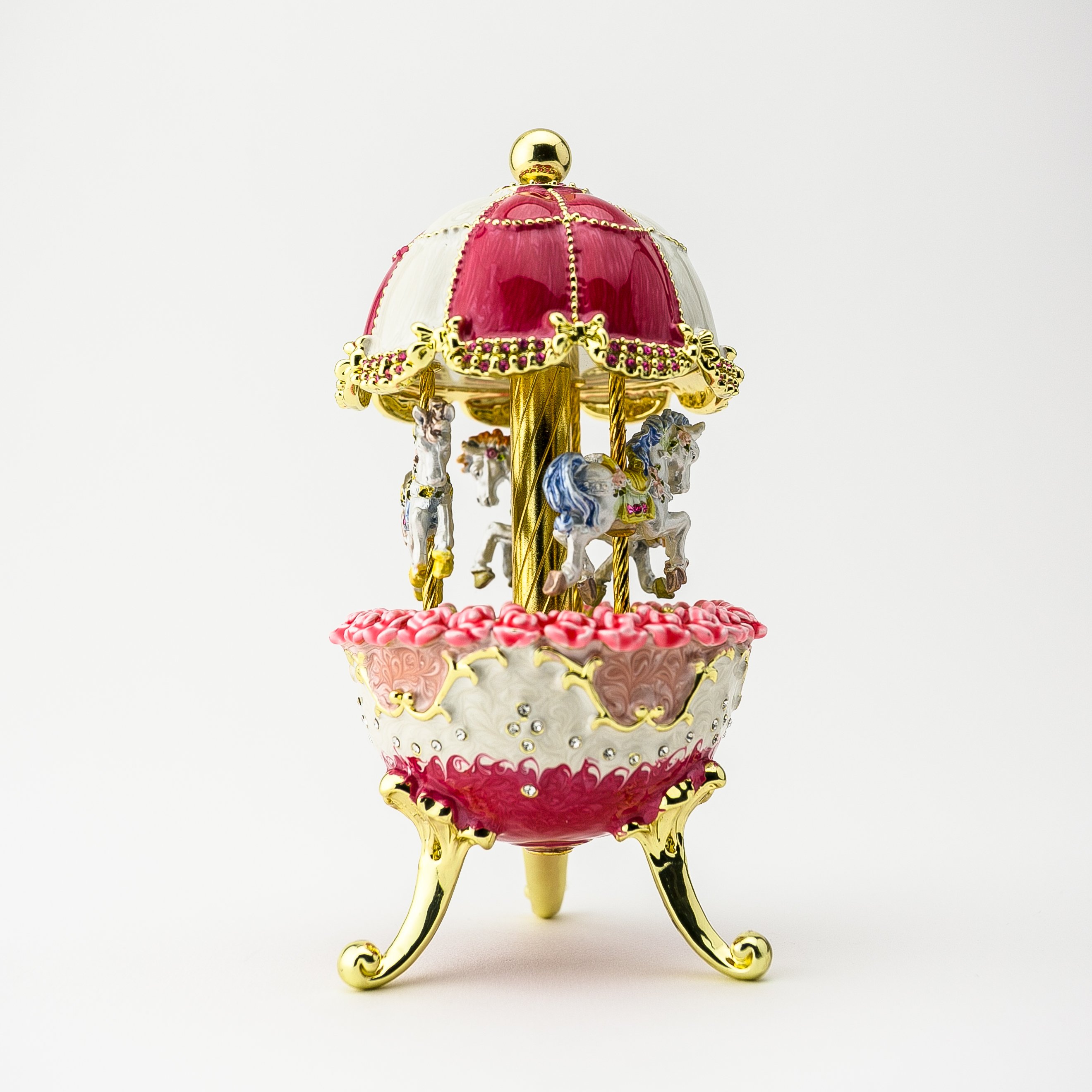 Red Wind up Horse Carousel Faberge Egg trinket box with Austrian crystals and 24K gold plating, beautifully handcrafted by Keren Kopal.