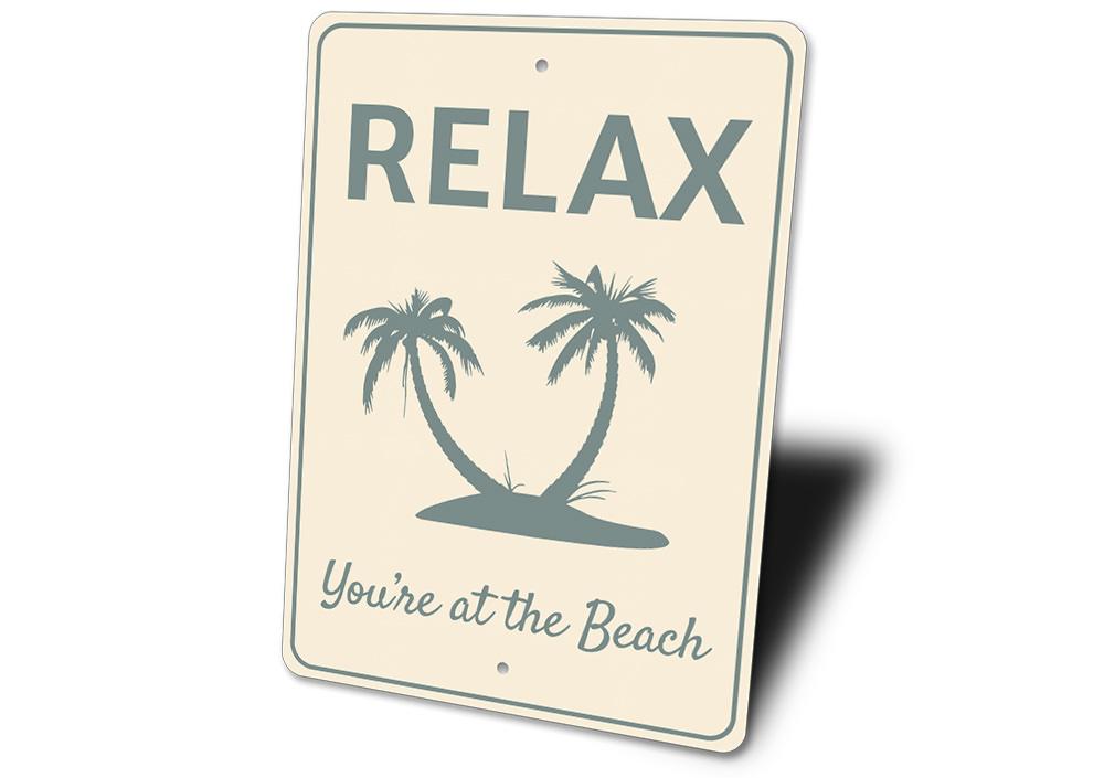 Relax Beach Sign made of high-quality aluminum, featuring a coastal design perfect for beach houses and outdoor decor.