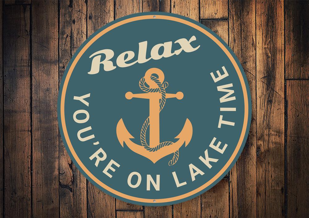 Relax Lake Time Sign made of durable aluminum, featuring a serene lakeside design, perfect for lakehouse decor.