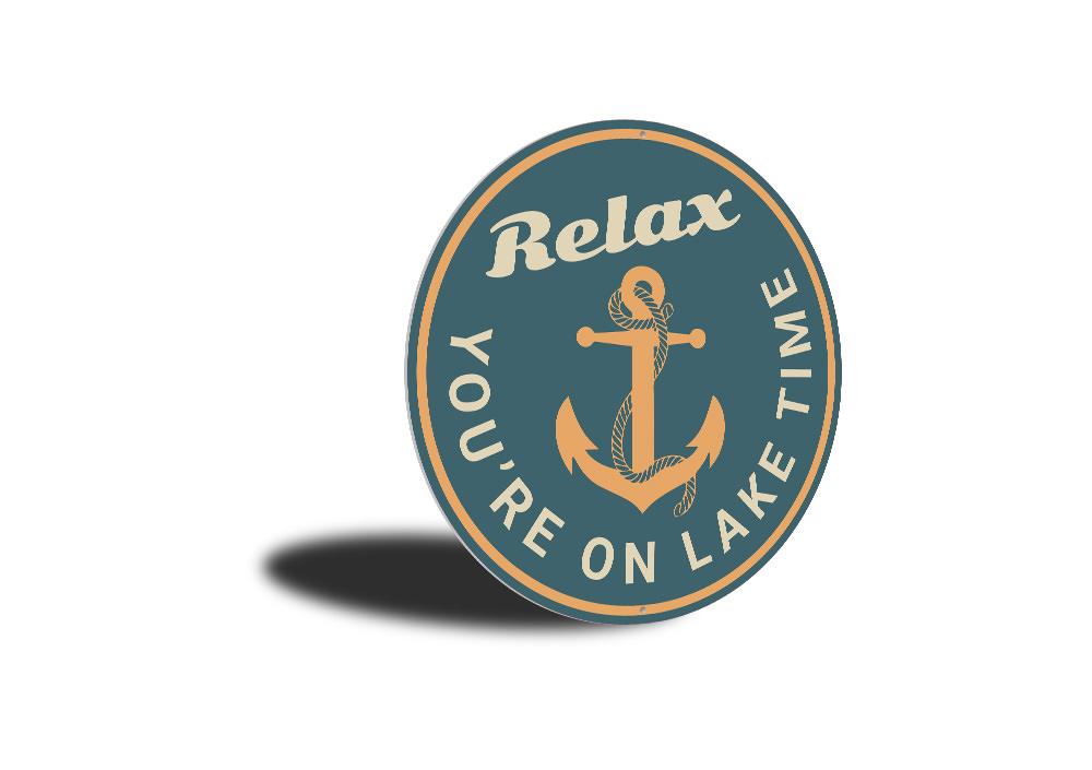 Relax Lake Time Sign made of durable aluminum, featuring a serene lakeside design, perfect for lakehouse decor.
