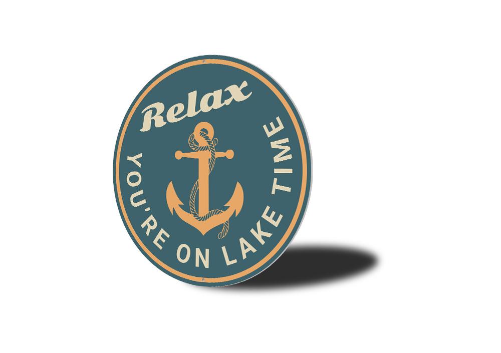 Relax Lake Time Sign made of durable aluminum, featuring a serene lakeside design, perfect for lakehouse decor.