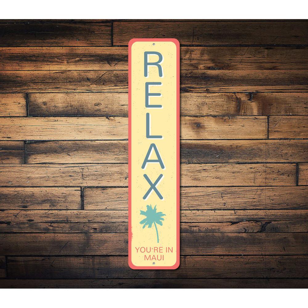 A beautifully crafted Relax Sign made from high-quality aluminum, featuring customizable text options, ideal for home decor.