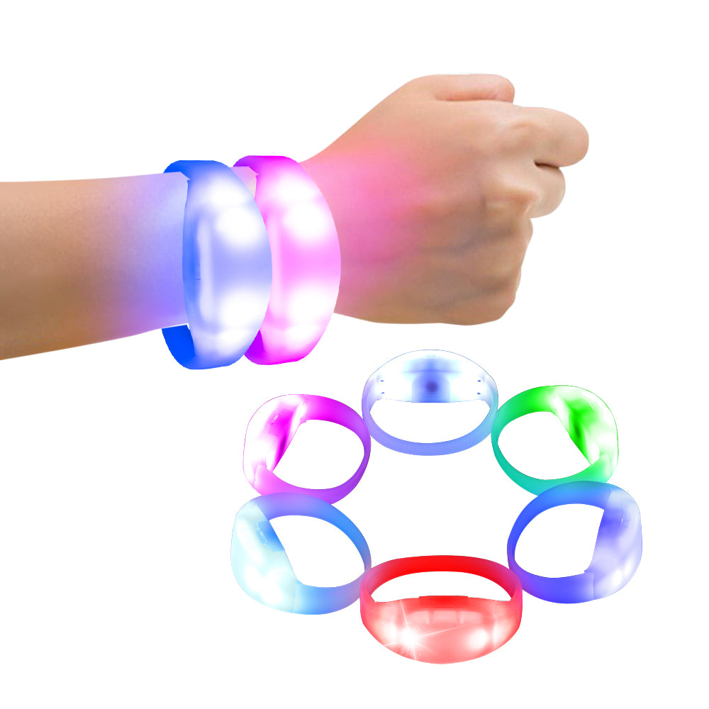 Colorful remote controlled LED bracelets for parties, showcasing vibrant colors and flashing modes.