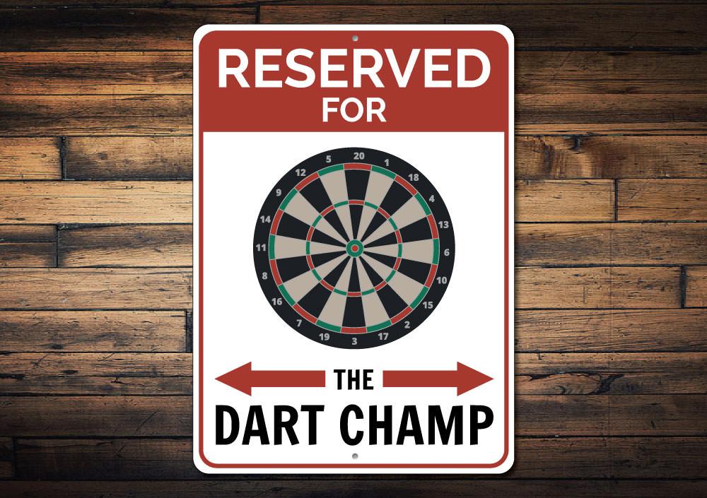 Reserved Dart Champ Parking Sign made of durable aluminum, featuring customizable text and pre-drilled holes for easy mounting.