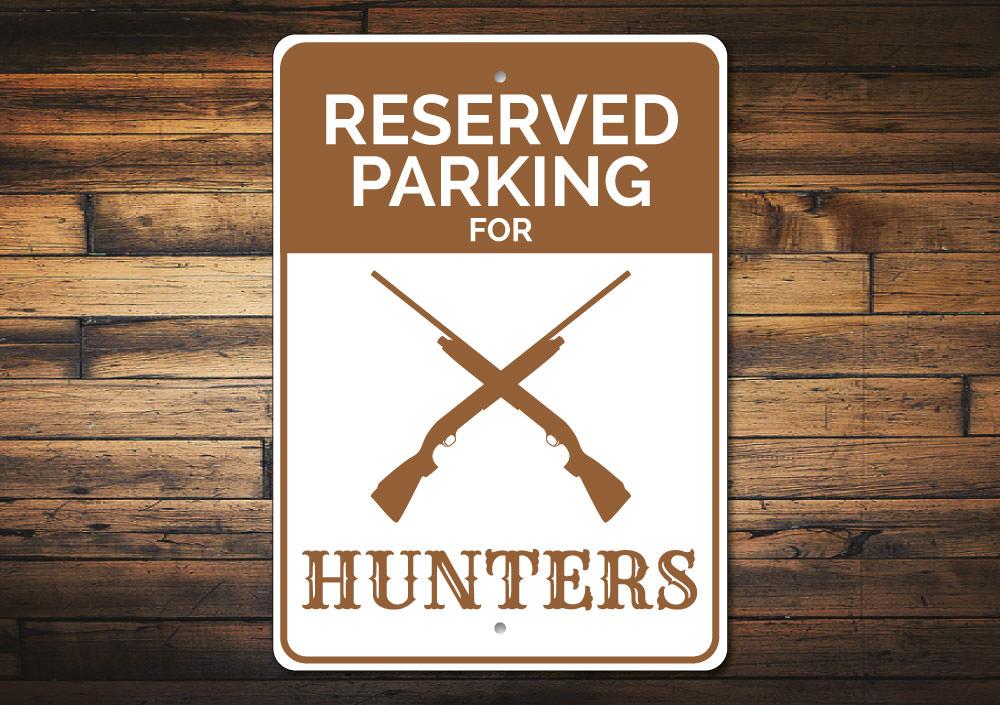 Reserved Hunter Parking Sign made of durable aluminum, featuring customizable text and pre-drilled holes for easy mounting.