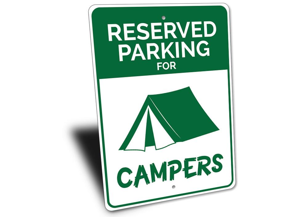 Reserved Parking Camper Sign made of high-quality aluminum, featuring customizable text and pre-drilled holes for easy mounting.