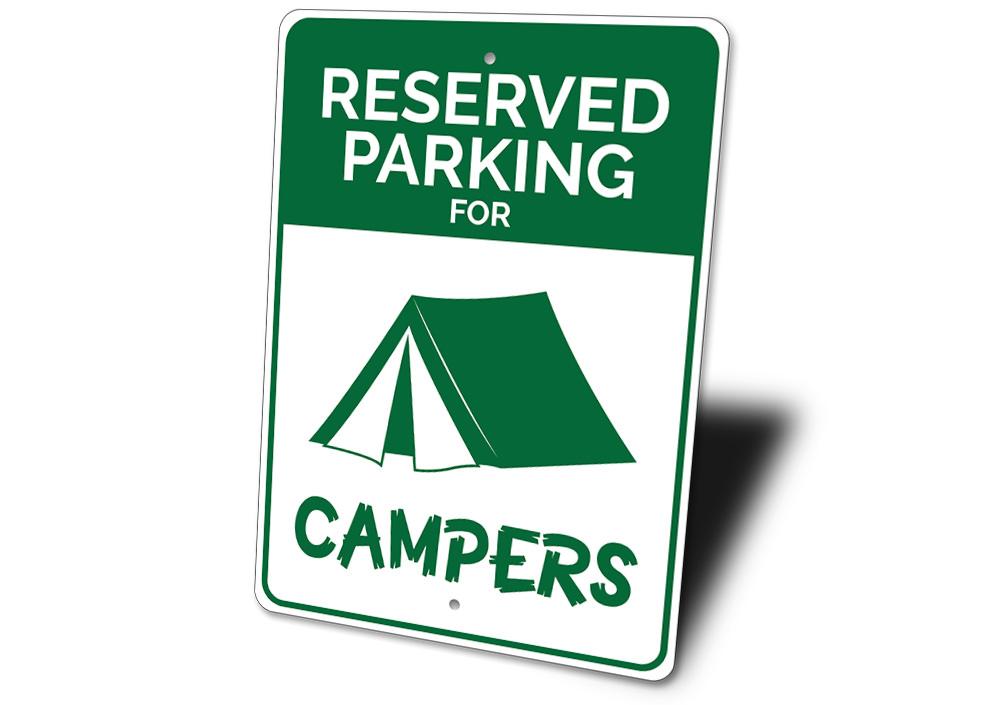 Reserved Parking Camper Sign made of high-quality aluminum, featuring customizable text and pre-drilled holes for easy mounting.