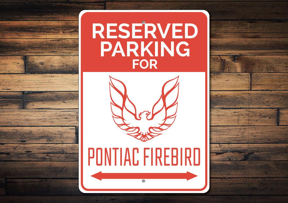 Reserved Parking Firebird Sign made of high-quality aluminum, featuring customizable text and pre-drilled holes for easy mounting.