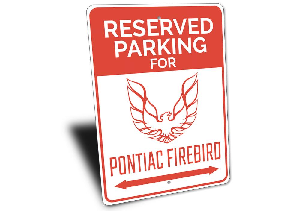 Reserved Parking Firebird Sign made of high-quality aluminum, featuring customizable text and pre-drilled holes for easy mounting.