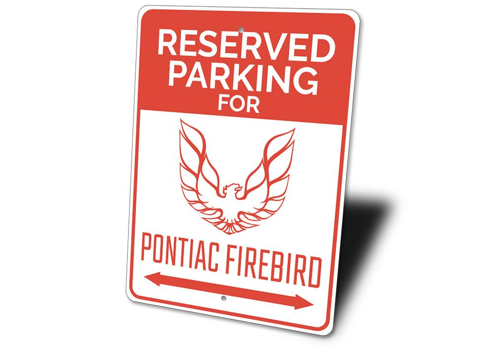 Reserved Parking Firebird Sign made of high-quality aluminum, featuring customizable text and pre-drilled holes for easy mounting.