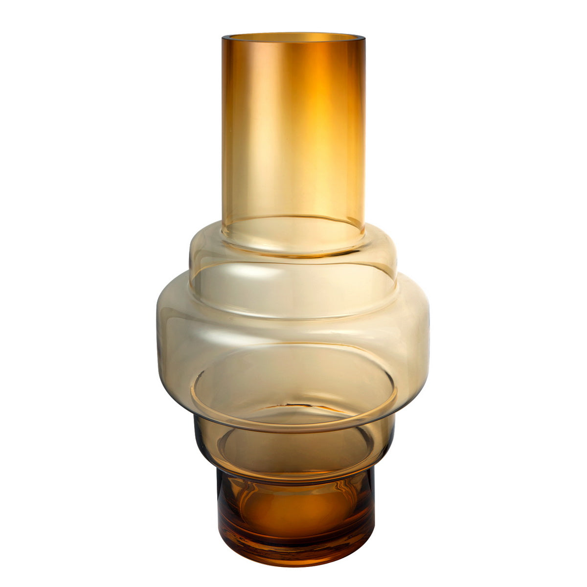 A large retro style thick glass vase in amber orange color, showcasing Art Deco design with a 9mm thick glass structure.