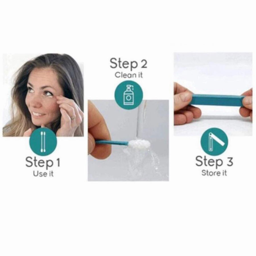 Two reusable silicone cotton swabs in a pack, designed for eco-friendly beauty and hygiene use, showcasing their soft and flexible tips.
